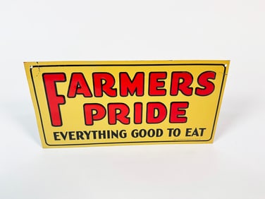 NOS 1930s Farmers Pride single-sided embossed tin general store sign.