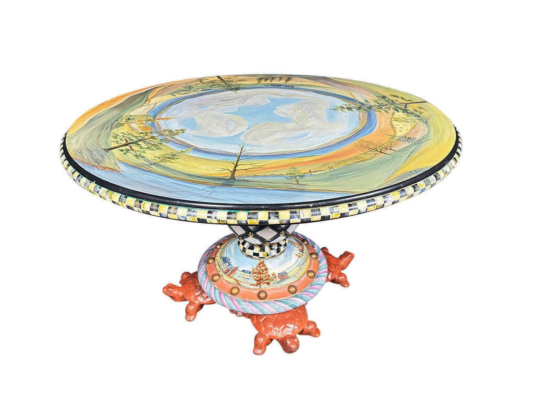 Rare hand-painted "Turtle Table" by Mackenzie-Childs. Beautiful mahogany table with hand-painted (1 of 9)