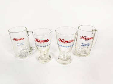 Lot of two 1950s Hamm's Beer glasses and two glass tavern mugs.