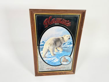 1993 Hamm's Beer Polar Bear wood-framed tavern mirror sign.