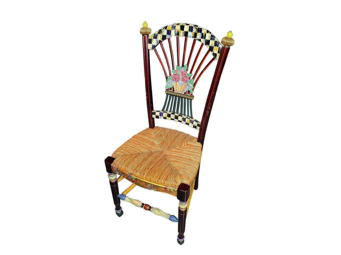 MacKenzie-Childs Dark Flower Basket side chair with a woven rush seat. (1 of 9)