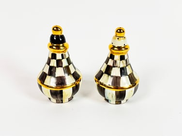 Set of MacKenzie-Childs hand-painted Courtly Check salt and pepper shakers.