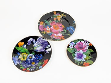 Set of MacKenzie Childs Black Flower Market Charger, Dinner Plate and Salad Plate.