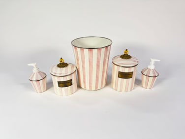 Lot of five (5) MacKenzie-Childs pink/white striped hand-painted enameled toiletry set.