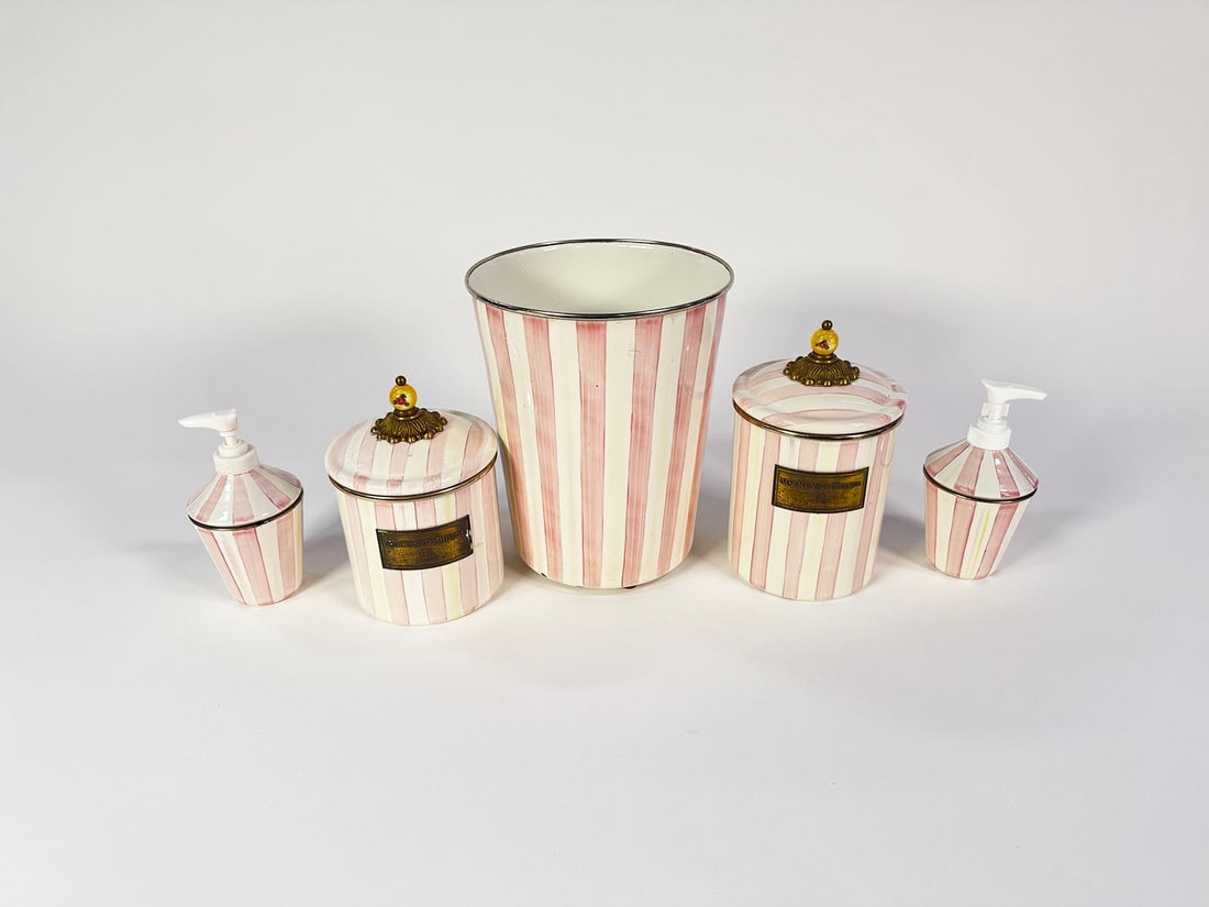Lot of five (5) MacKenzie-Childs pink/white striped hand-painted enameled toiletry set. (1 of 3)