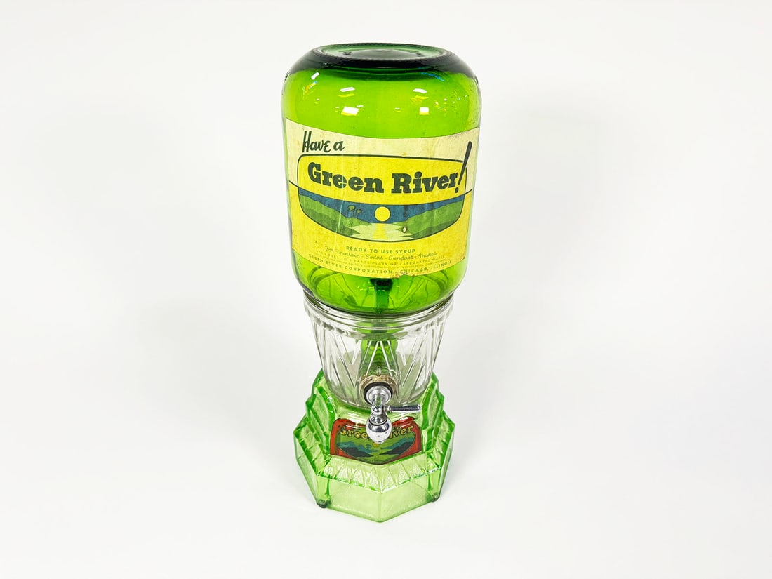 1920s-30s Green River Soda  fountain glass syrup dispenser. (1 of 2)