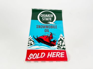 NOS 1960s Quaker State Snowmobile Oil dealership window sign.
