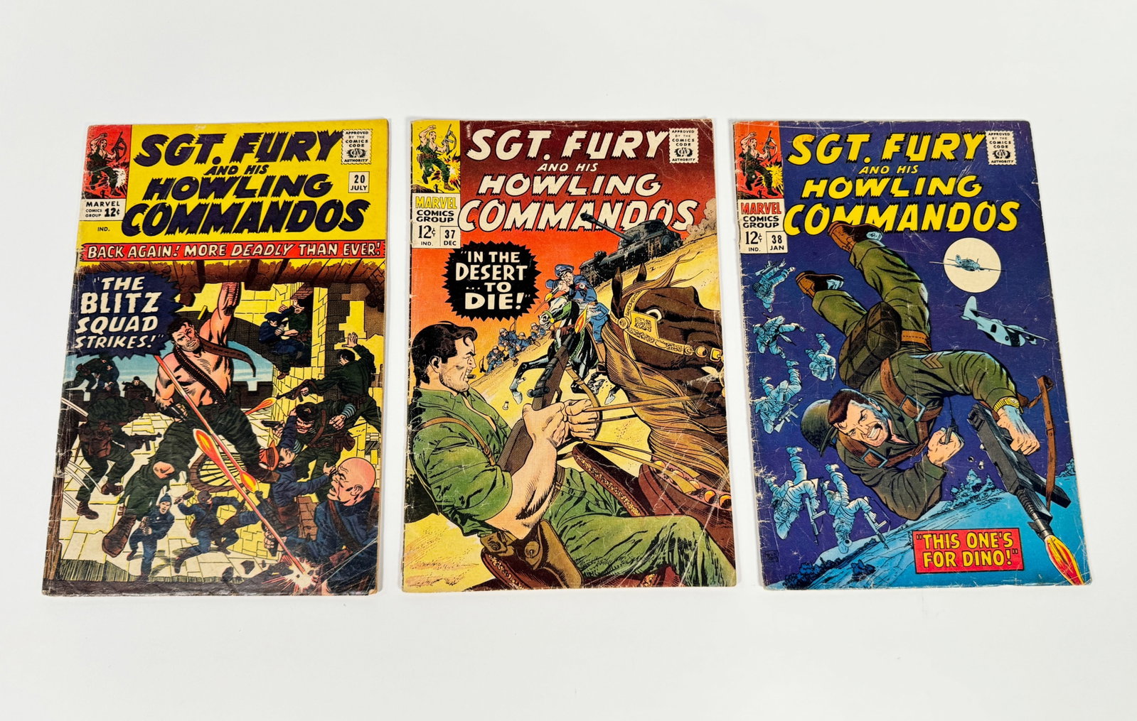 Lot of three 1965/66 Sgt. Fury and His Howling Commandos comics by Marvel.: Lot of three 1965/66 Sgt. Fury and His Howling Commandos comics by Marvel. Includes; #20 July: "The Blitz Squad Strikes!", #37 Dec: "In the Desert to Die!" and #38 Jan: "This one's for Dino!". Comics 