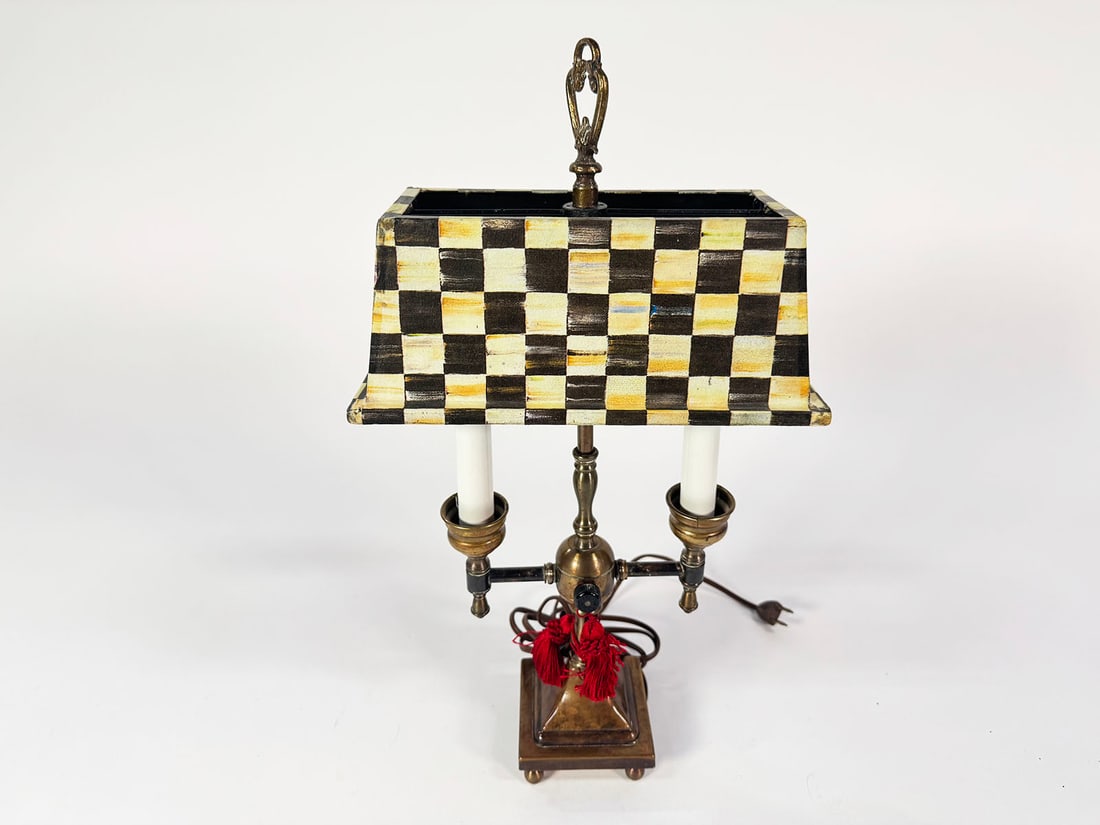 Circa 1920s brass table lamp with MacKenzie-Childs style lamp shade. (1 of 2)