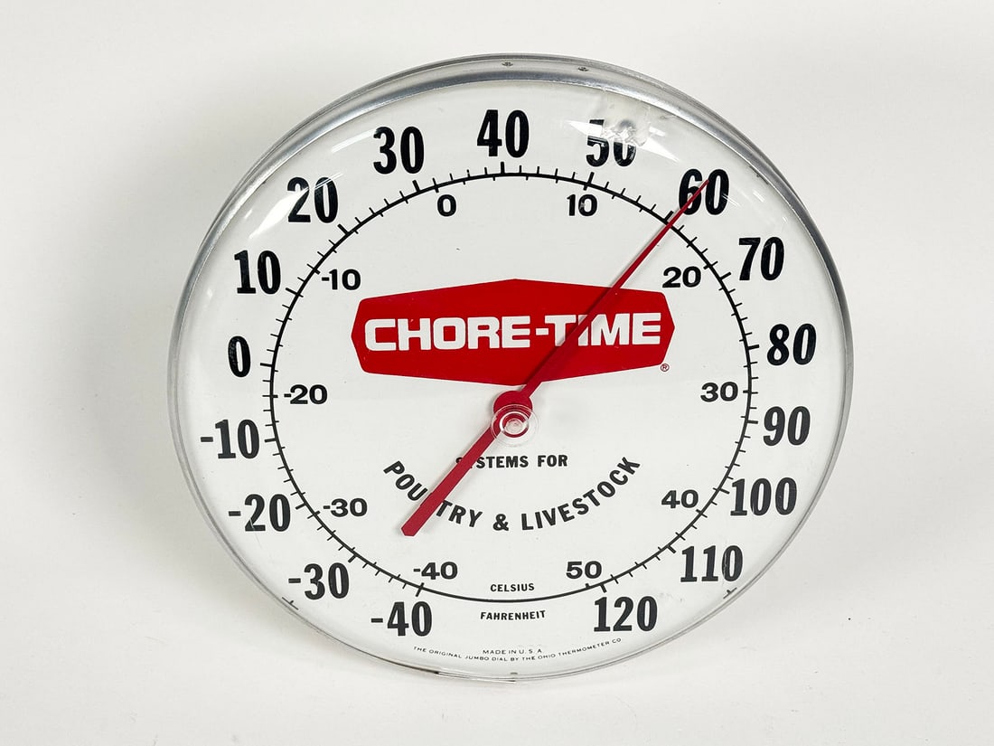 Vintage Chore-Time Testers for Poultry-Livestock dial thermometer.: Vintage Chore-Time Testers for Poultry-Livestock dial thermometer. Very clean. Condition: 9.0. Size: 12"x12"x2".