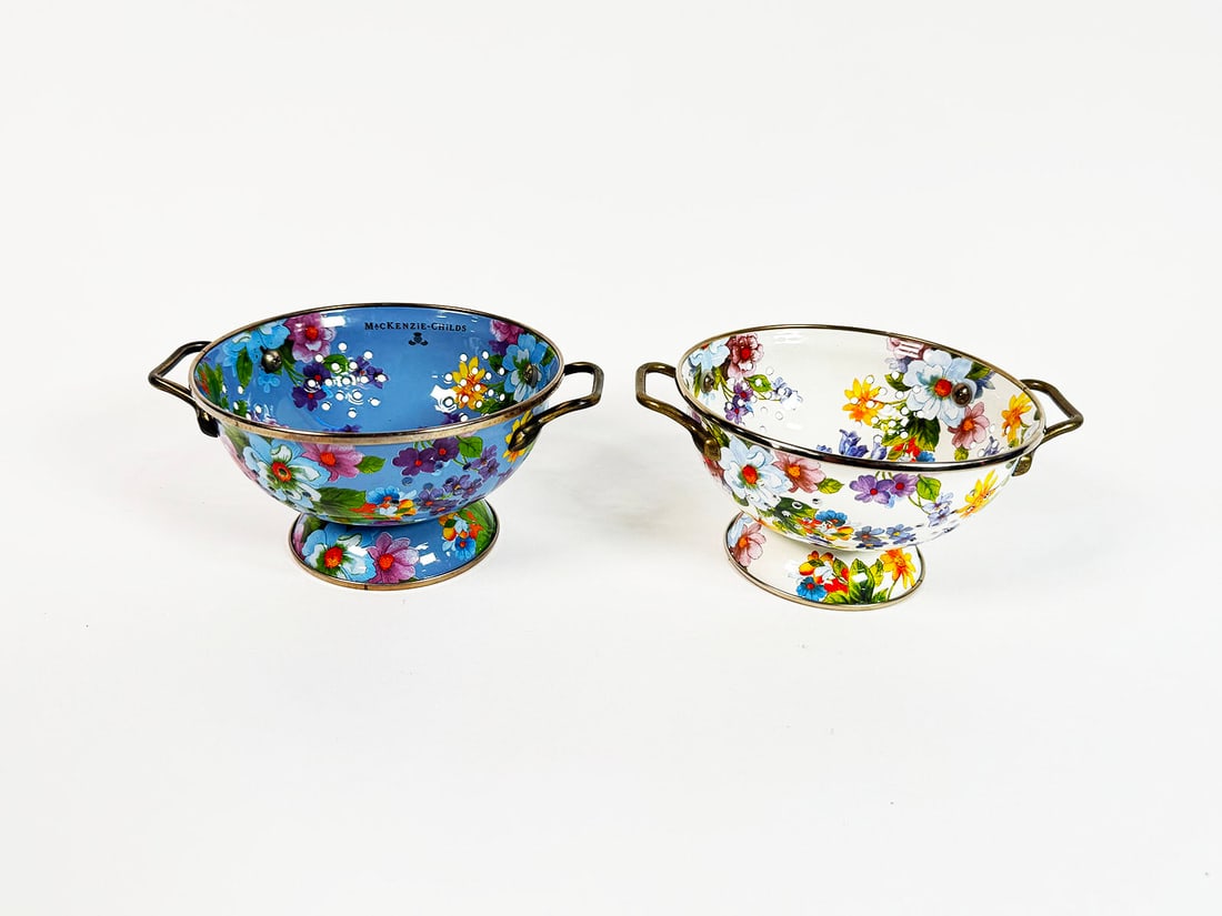 Pair of MacKenzie Child White & Blue Flower Market colanders. (1 of 3)