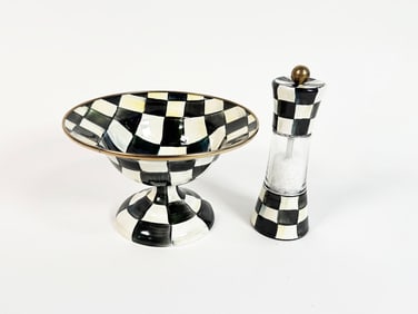Lot consisting of a MacKenzie-Childs Courtly Check Compote and a Courtly Check salt grinder.
