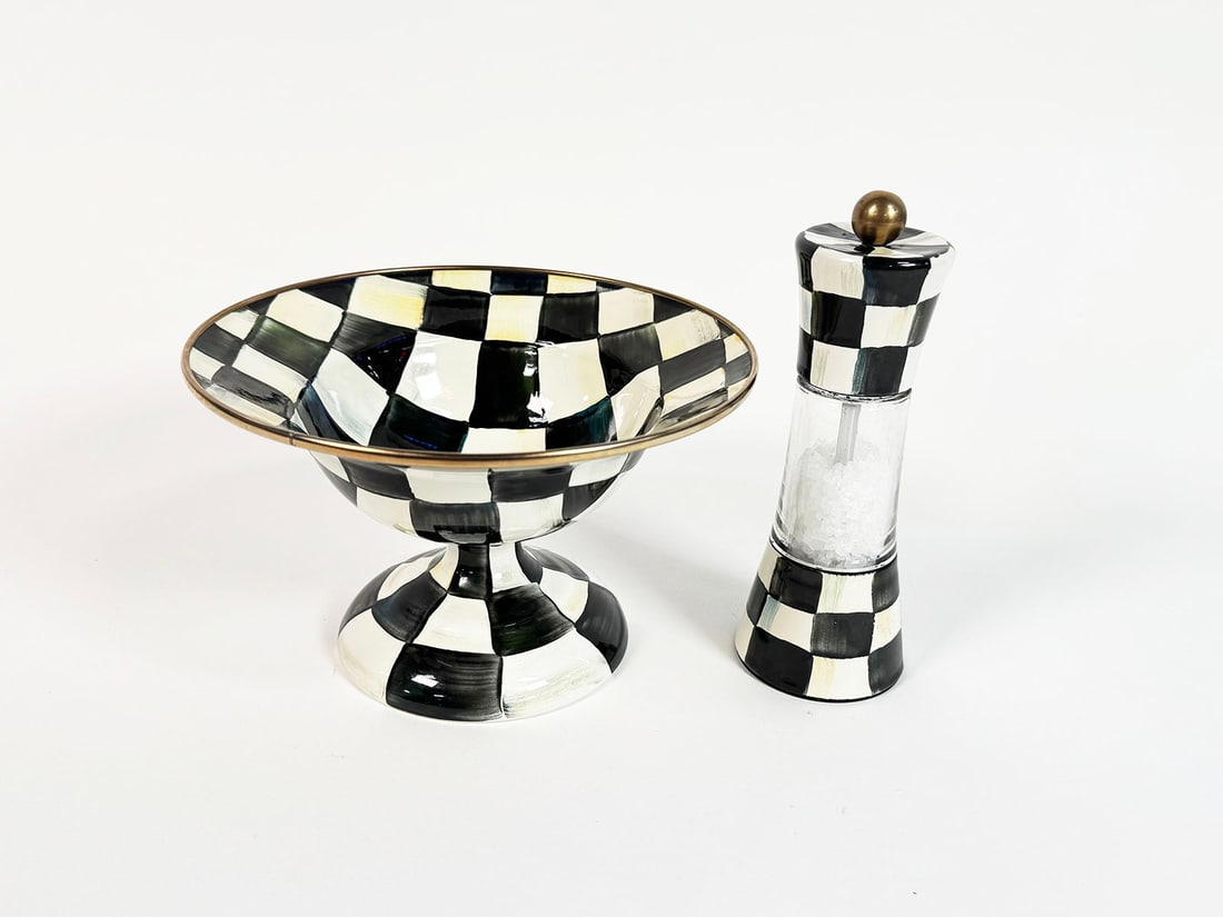 Lot consisting of a MacKenzie-Childs Courtly Check Compote and a Courtly Check salt grinder.: Lot consisting of a MacKenzie-Childs Courtly Check Compote and a Courtly Check salt grinder. Condition: Excellent+ - Excellent++. Size of Compote: 8"x5"x8".