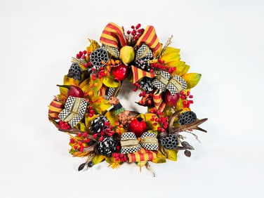MacKenzie-Childs Autumn Themed Wreath featuring a pheasant, stag horns, fruit and MC Heritage
