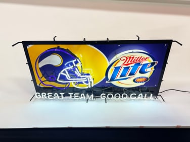 Large Miller Lite Beer Minnesota Vikings neon with tin sign.