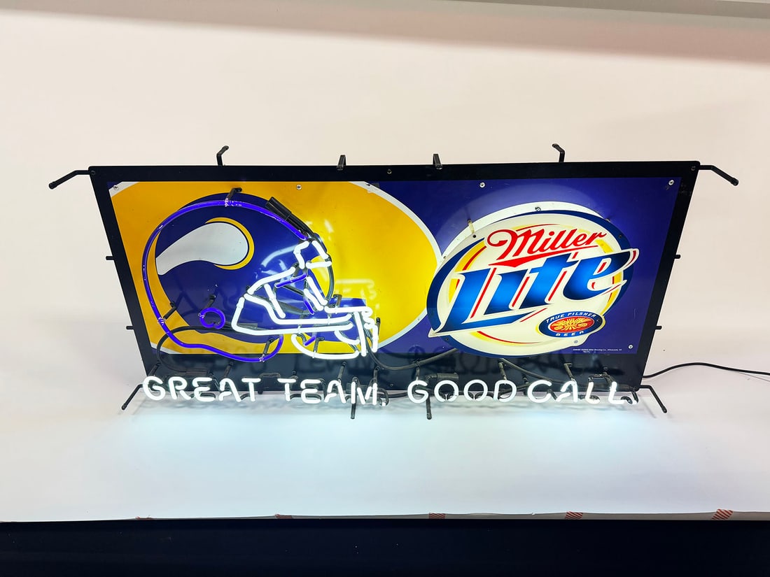 Large Miller Lite Beer Minnesota Vikings neon with tin sign. (1 of 1)