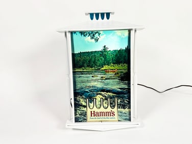 1960s Hamm's Beer white chalet style light-up tavern sign with Northwood's canoe scene.