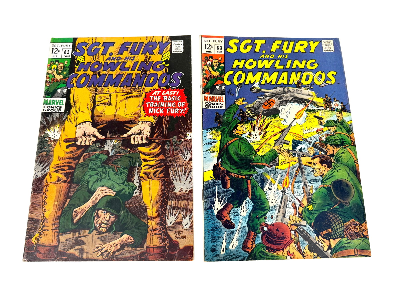 Lot of two 1969 Sgt. Fury and His Howling Commandos comics by Marvel.: Lot of two 1969 Sgt. Fury and His Howling Commandos comics by Marvel. Includes; #62 Jan: "At Last: The Basic Training of Nick Fury!" and #63 Feb. Comics present with excellent coloring. #62 minor uppe