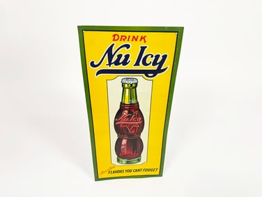 NOS 1928 Nu Icy Soda single-sided tin sign with period figure eight bottle graphic.