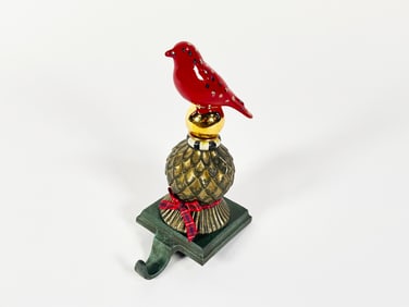 MacKenzie-Childs Red Ceramic Bird on Thistle stocking hook.