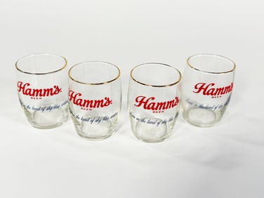 Lot of 4 1950s Hamm's Beer Chaser gold-rimmed tavern glasses.