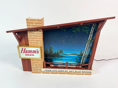 Circa 1960s Hamm's Beer 'Starry Skies' chalet-style light-up tavern sign with animated stars.