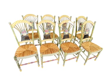 Set of eight (8) MacKenzie-Childs “Light Flower Basket" side chairs, each with hand-painted