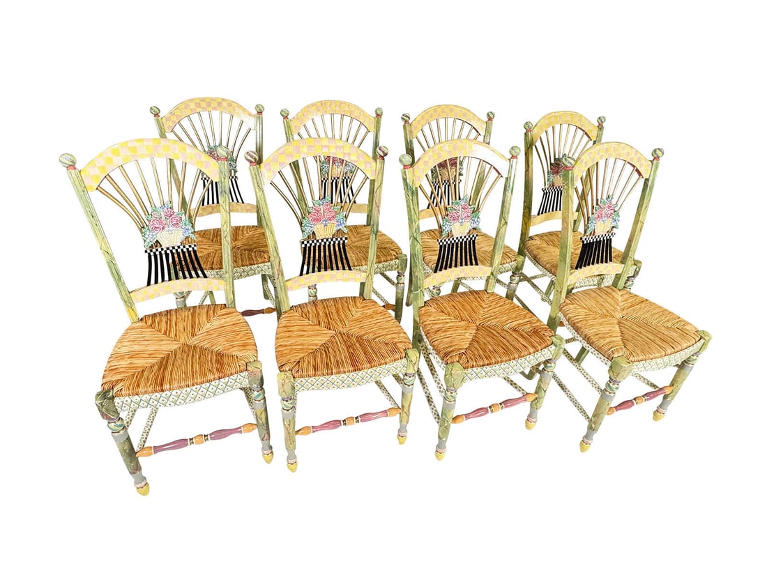 Set of eight (8) MacKenzie-Childs “Light Flower Basket" side chairs, each with hand-painted (1 of 5)