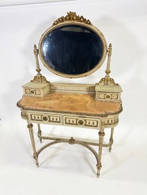 Late 19th century French Louis XVI style parcel gilt and painted vanity dressing table.