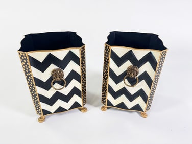 Lot of two MacKenzie-Childs Zig Zag waste bin.