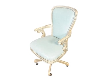 Massoud Lilly leather office chair in an ice blue color with a mahogany frame and nail head trim.
