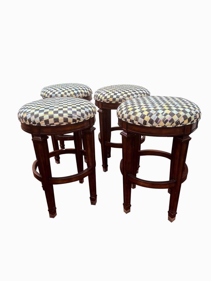 Set of (4) Four quality Frontgate barstools upholstered in MacKenzie Childs Courtly Check fabric.: Set of (4) Four quality Frontgate barstools upholstered in MacKenzie Childs Courtly Check fabric. Stools in very good condition showing minor wear. Size: Height 29-3/4” x Diameter 19”