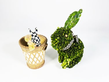 Delightful Mac-Kenzie Childs green floral Easter Bunny with a Mackenze-Childs Courtly Check Basket