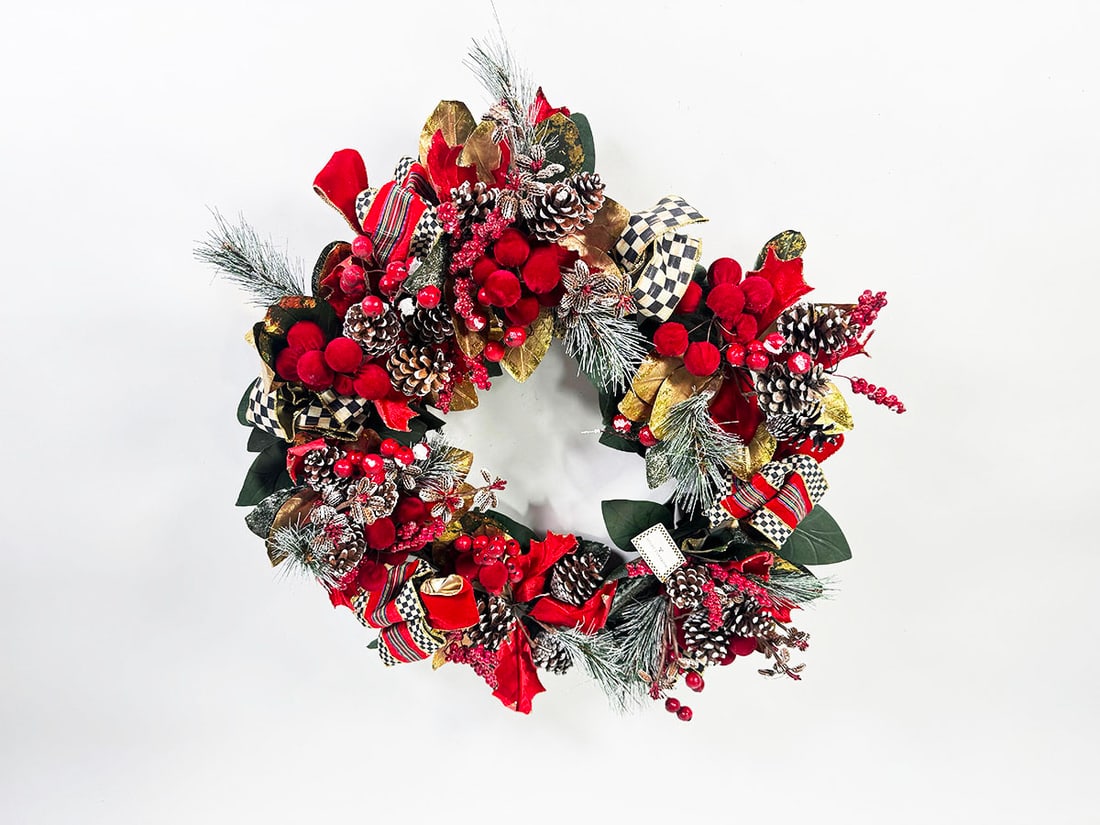 Never displayed MacKenzie-Childs Tartan Frost Christmas Wreath.: Never displayed MacKenzie-Childs Tartan Frost Christmas Wreath. Brand new with tag still attached. Iconic Courtly Check ribbon and more. Condition: Near Mint. Size: 30"x8"x30".