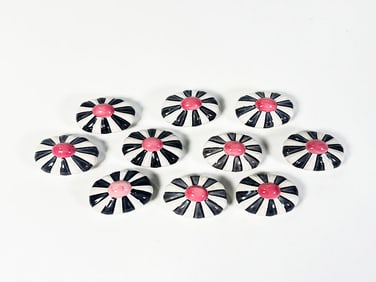 Lot of 10 MacKenzie-Childs Courtly Check flower hand-painted ceramic cabinet pulls.