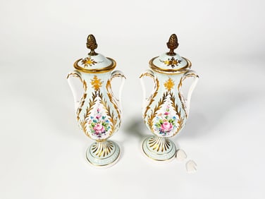 Pair of vintage Amoges hand-painted porcelain urns.