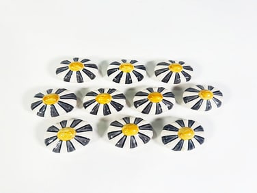 Lot of 10 MacKenzie-Childs Courtly Check flower hand-painted ceramic cabinet pulls.