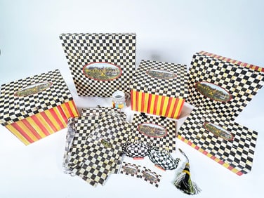 Large lot of MacKenzie-Childs decorative boxes, paper, Mug, tassel, cards and more.