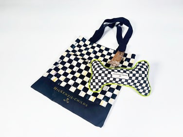 New MacKenzie-Childs canvas tote bag with a new MacKenzie-Childs Courtly Check bone-shaped stuffed