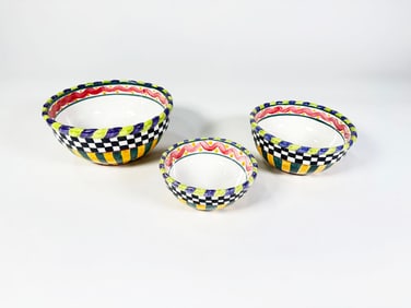 Set of three MacKenzie-Childs Piccadilly mixing bowls.