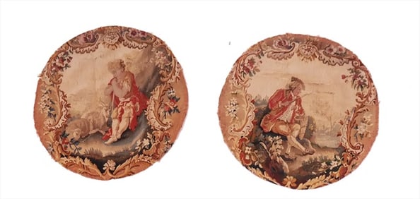 A pair of Antique 18th/19th Century French tapestry oval chairs backs circa 1750 from the Dalva Bros