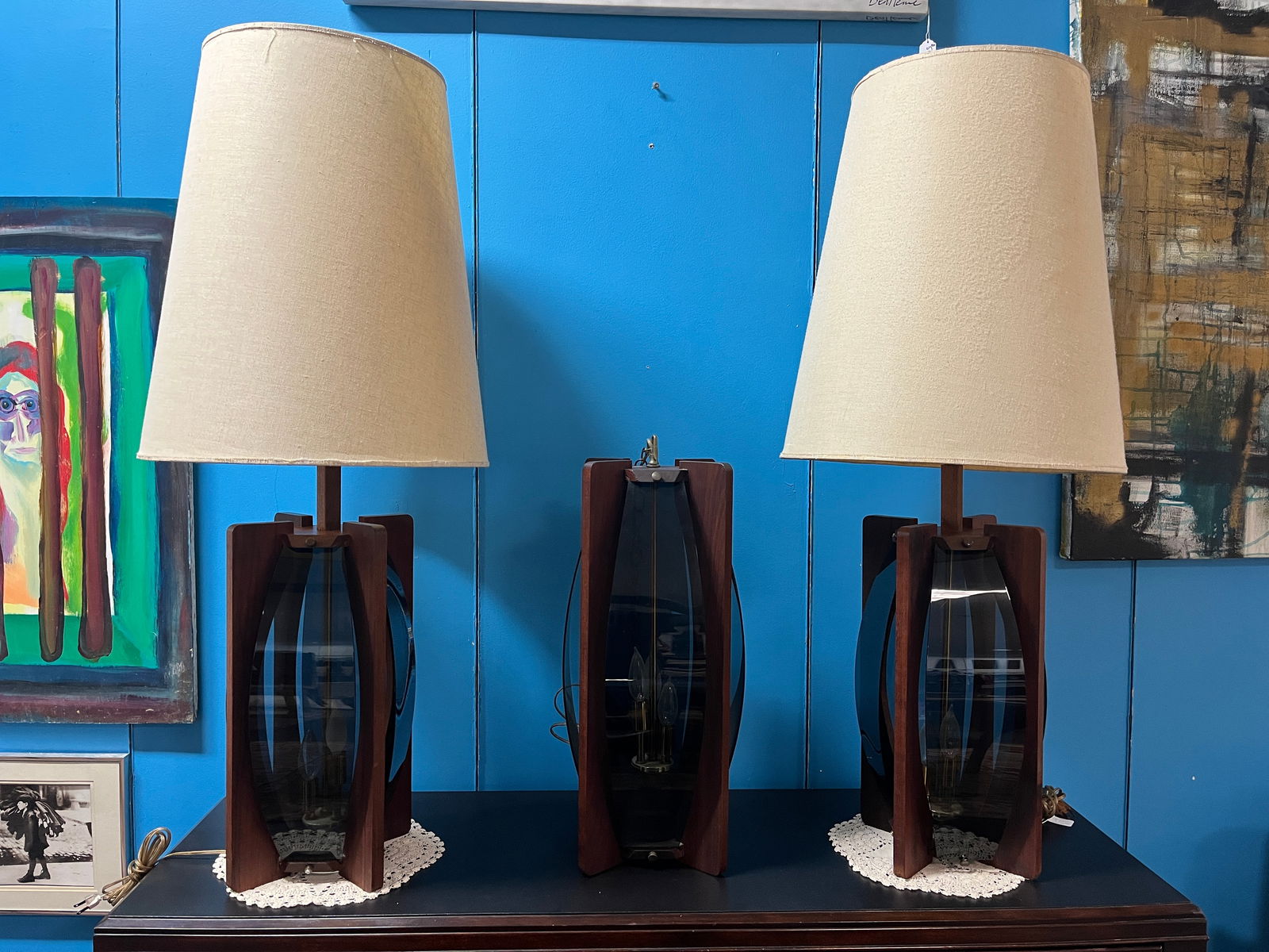 Pair of Mid-Century Chrome Smoked Plexiglass & Walnut Lamps and Hanging Pendent / Chandelier (1 of 10)