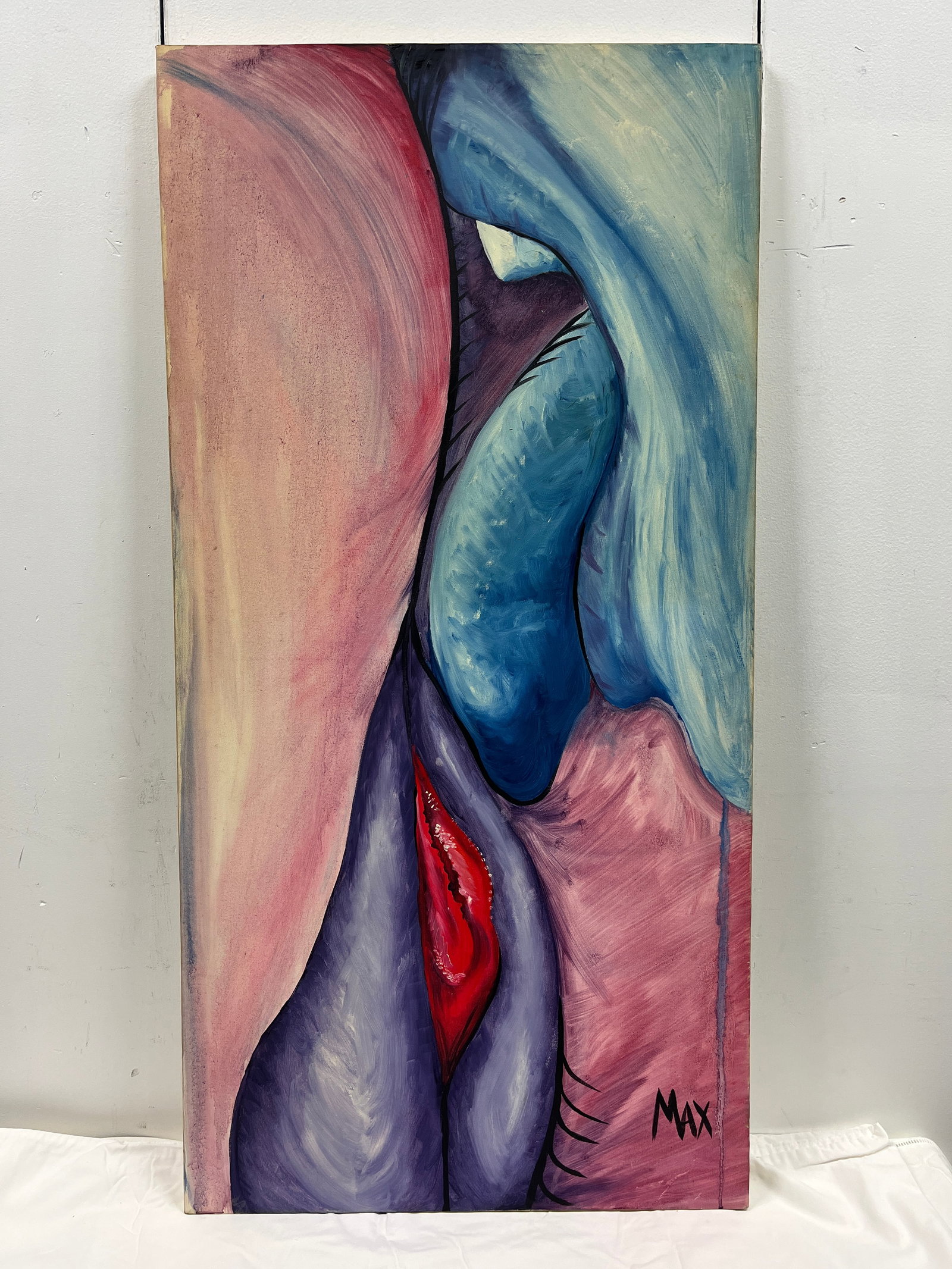 Erotic Acrylic on Canvas: Signed “Max.” Abstract erotic composition in red, black, and flesh tones. Dimensions: W 24 × H 48 × D 0.75 in.