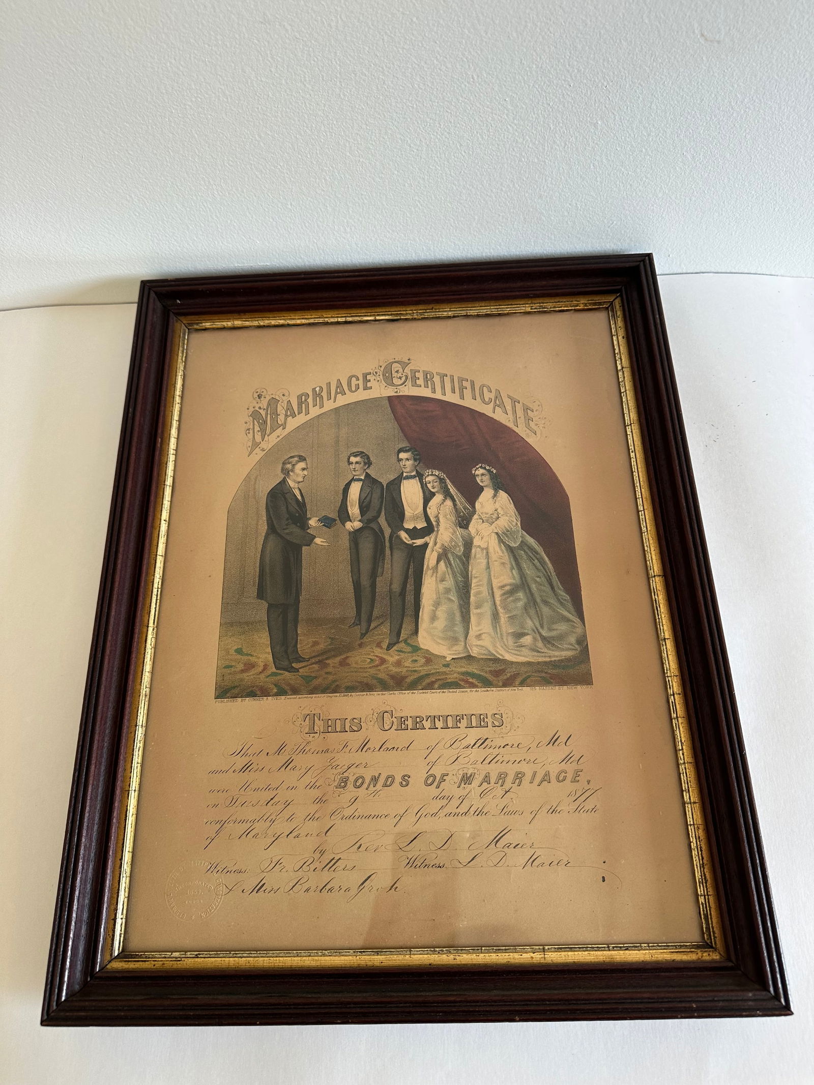 Marriage Certificate NY State Framed About 1853