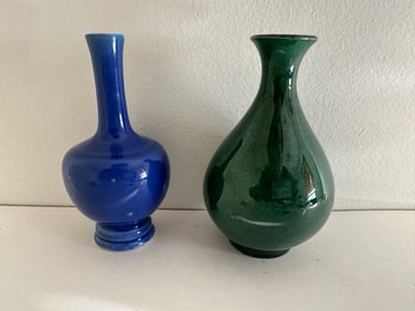 Set Of 2 Chinese Antique Green Blue Glazed Vase