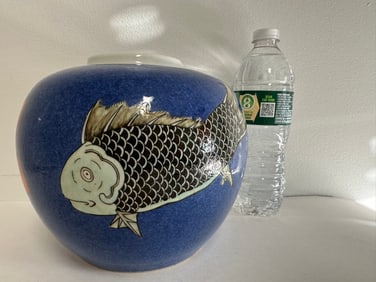 Chinese Blue Glazed Famille Rose Fish Jar Blue And White Mark
