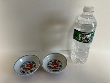 Pair Chinese Antique Blue And White Red Dragons Plate China Four Characters Mark