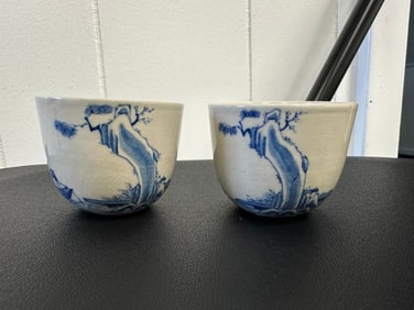 2 Chinese Crack Glazed Blue And White China Cups