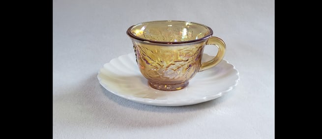 Vintage Marigold Carnival Glass Cup With White Saucer