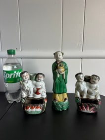 Set  Of 3 Chinese Famille Roe Porcelain Sculptures